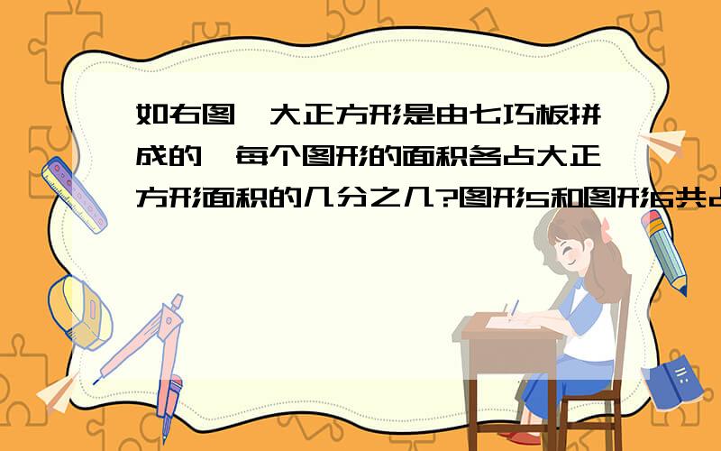 如右图,大正方形是由七巧板拼成的,每个图形的面积各占大正方形面积的几分之几?图形5和图形6共占大正方面积的几分之几?图形1比图形7多占大正方形面积的几分之几?