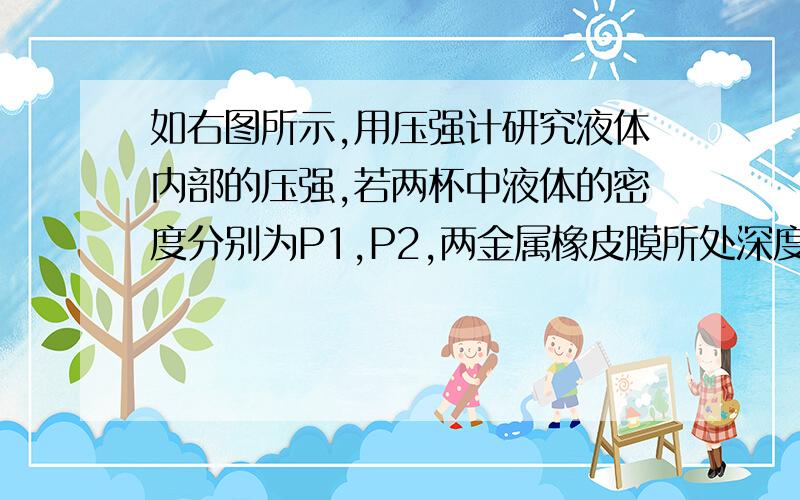 如右图所示,用压强计研究液体内部的压强,若两杯中液体的密度分别为P1,P2,两金属橡皮膜所处深度相同,则A.P1＜P2B.P1＞P2C.P1＝P2 D.无法确定