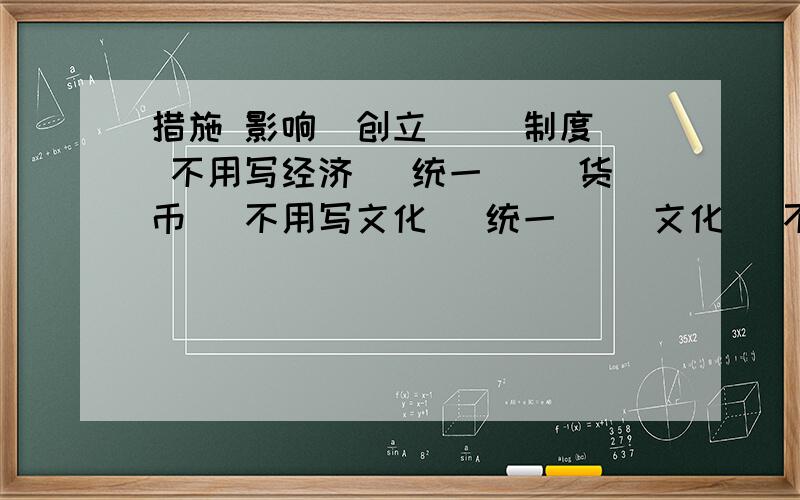 措施 影响（创立（ ）制度） 不用写经济 （统一（ ）货币） 不用写文化 （统一（ ）文化） 不用写焚书坑儒 （摧残了（）制约了（ ） ）军事 长城东至（）西至（） 不用写修灵渠 把（）