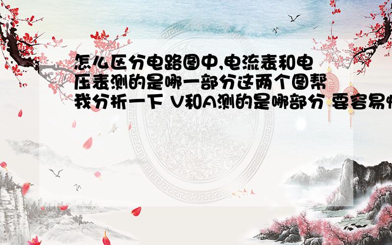 怎么区分电路图中,电流表和电压表测的是哪一部分这两个图帮我分析一下 V和A测的是哪部分 要容易懂的 或者有好的方法的 答得好的我会给分 拜托了