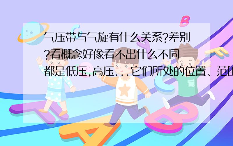 气压带与气旋有什么关系?差别?看概念好像看不出什么不同 都是低压,高压...它们所处的位置、范围有什么不同么?