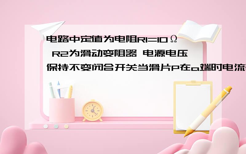 电路中定值为电阻R1=10Ω R2为滑动变阻器 电源电压保持不变闭合开关当滑片P在a端时电流表示为0.3A滑片P在b(1)电源电压