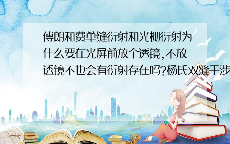 傅朗和费单缝衍射和光栅衍射为什么要在光屏前放个透镜,不放透镜不也会有衍射存在吗?杨氏双缝干涉之所以不考虑衍射,是不是因为没放透镜的关系,如果放了透镜,是不是就变成了N=2的光栅