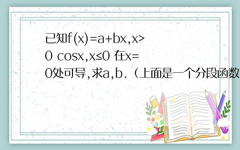 已知f(x)=a+bx,x>0 cosx,x≤0 在x=0处可导,求a,b.（上面是一个分段函数）求解