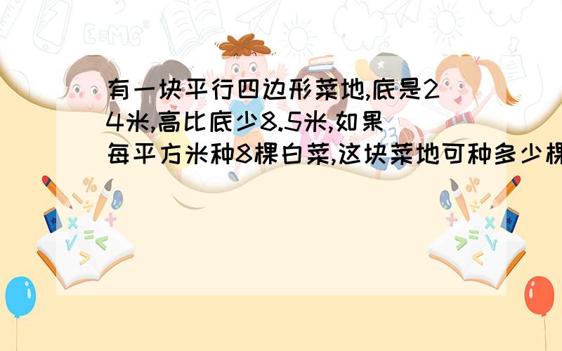 有一块平行四边形菜地,底是24米,高比底少8.5米,如果每平方米种8棵白菜,这块菜地可种多少棵白菜?