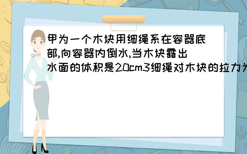 甲为一个木块用细绳系在容器底部,向容器内倒水,当木块露出水面的体积是20cm3细绳对木块的拉力为0.6N,将细绳剪断,木块上浮,静止时有2/5的体积露出水面,如图乙,求此时木块受到的浮力.（g=10N