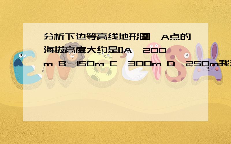 分析下边等高线地形图,A点的海拔高度大约是[]A、200m B、150m C、300m D,250m我知道答案是B 150m,但是我不知道为什么是B,急