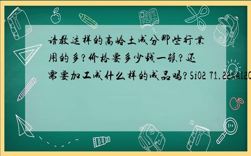 请教这样的高岭土成分那些行业用的多?价格要多少钱一顿?还需要加工成什么样的成品吗?SiO2 71.22%Al2O3 22.14%Fe2O3 0.86%TiO2 0.07%CaO 0.04%MgO 0.22%K2O 4.68%Na2O 0.64%rb2o 0.03%zno 0.02%zro2 0.01%