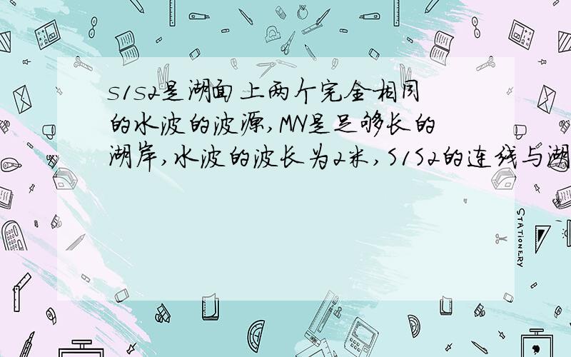 s1s2是湖面上两个完全相同的水波的波源,MN是足够长的湖岸,水波的波长为2米,S1S2的连线与湖岸垂直,S1S2=5米.则岸边始终平静的地方共有几处?