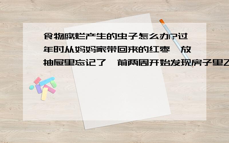 食物腐烂产生的虫子怎么办?过年时从妈妈家带回来的红枣,放抽屉里忘记了,前两周开始发现房子里飞虫越来越多,是细长型,灰黑色的那种,然后还发现了蛆!搜索全家才发现罪魁祸首,东西是处