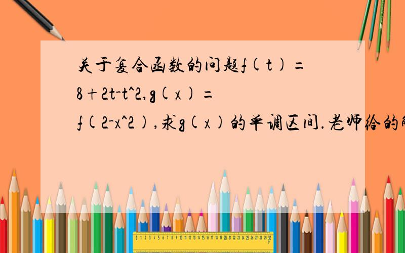 关于复合函数的问题f(t)=8+2t-t^2,g(x)=f(2-x^2),求g(x)的单调区间.老师给的解,第一步是2-x^2>=1,不知道是为什么