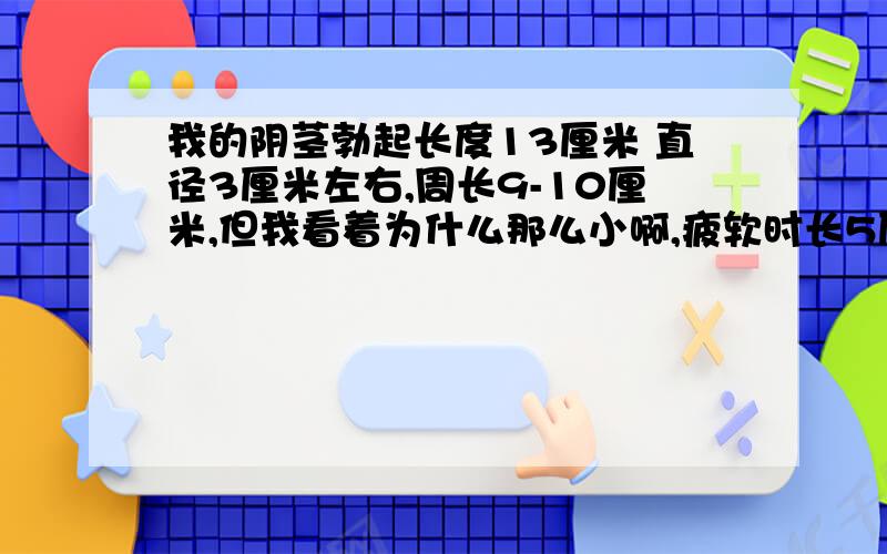 我的阴茎勃起长度13厘米 直径3厘米左右,周长9-10厘米,但我看着为什么那么小啊,疲软时长5厘米 直径3厘米 ,都不敢去公共浴池,也不敢谈女朋友