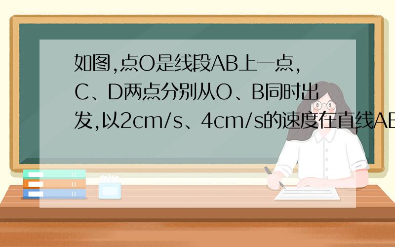 如图,点O是线段AB上一点,C、D两点分别从O、B同时出发,以2cm/s、4cm/s的速度在直线AB上运动,点C在线段OA之间,点D在线段OB之间.（1）设C、D两点同时沿直线AB向左运动t秒时,AC：OD=1：2,求OA/OB的值；