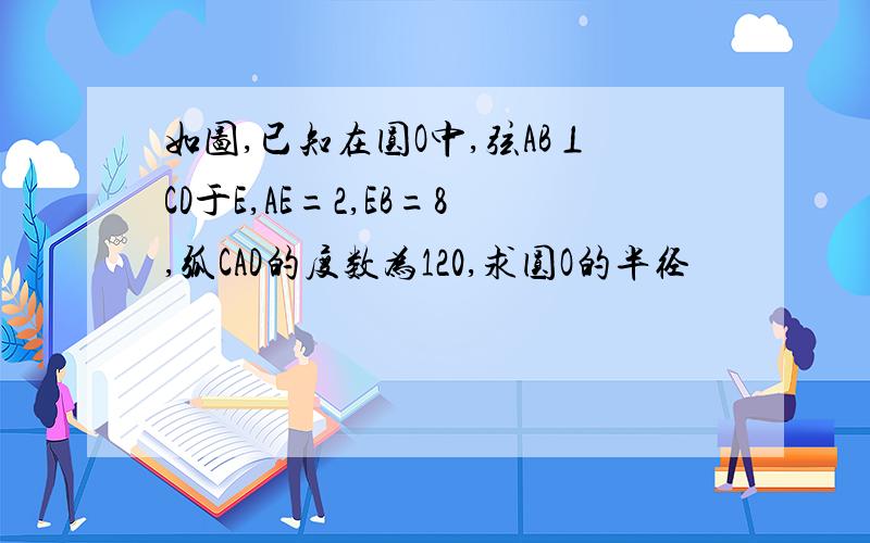 如图,已知在圆O中,弦AB⊥CD于E,AE=2,EB=8,弧CAD的度数为120,求圆O的半径