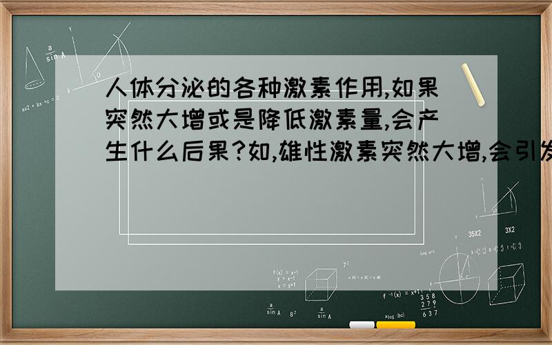 人体分泌的各种激素作用,如果突然大增或是降低激素量,会产生什么后果?如,雄性激素突然大增,会引发什么后果?男人的雌性激素是什么腺分泌的?女人的雄性激素又是什么腺分泌的?