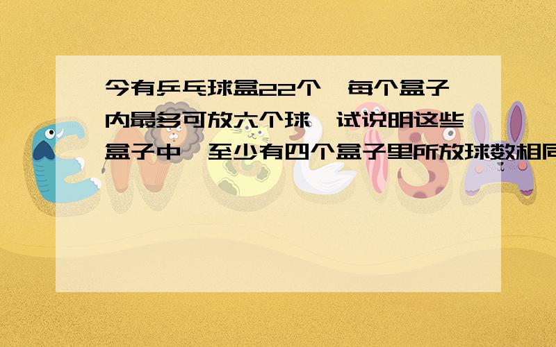 今有乒乓球盒22个,每个盒子内最多可放六个球,试说明这些盒子中,至少有四个盒子里所放球数相同.