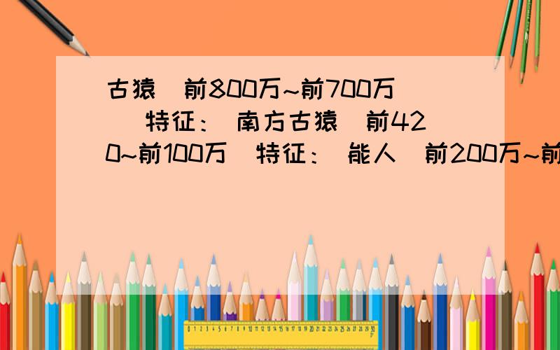 古猿（前800万~前700万） 特征： 南方古猿（前420~前100万）特征： 能人（前200万~前175万）特征：直立人（前200万~前20万）特征：智人（早期20万~前5万）         （晚期5万~前1万）