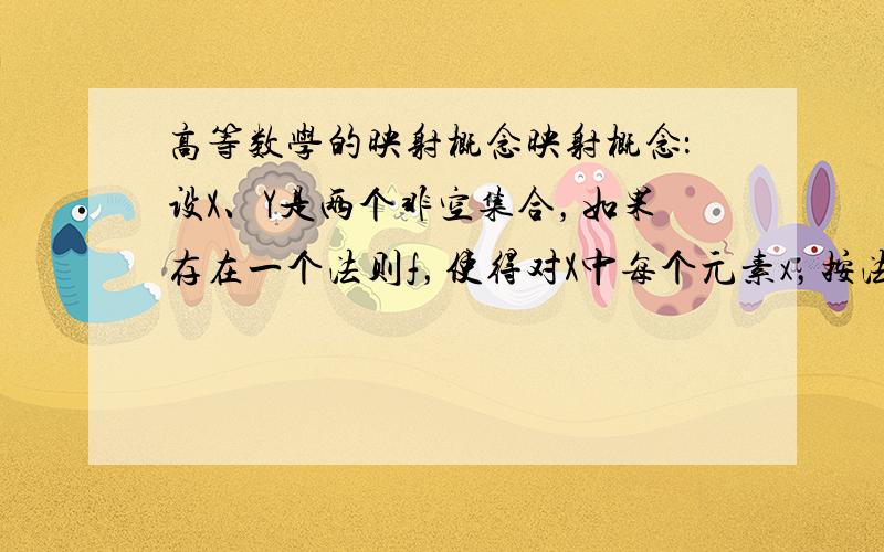 高等数学的映射概念映射概念：设X、Y是两个非空集合，如果存在一个法则f，使得对X中每个元素x，按法则f，在Y中有唯一确定的元素y与之对应，则称f为从X到Y的映射什么法则？怎么知道存