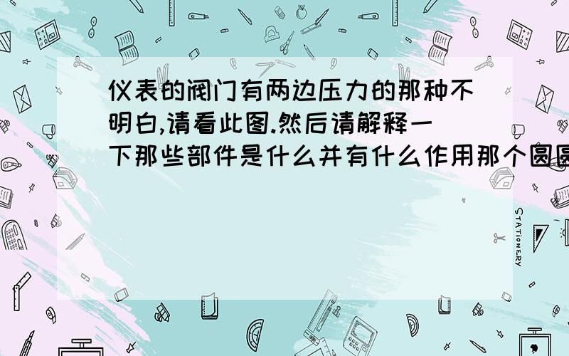 仪表的阀门有两边压力的那种不明白,请看此图.然后请解释一下那些部件是什么并有什么作用那个圆圆的和上面方方的是什么东东有什么作用