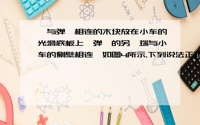 一与弹簧相连的木块放在小车的光滑底板上,弹簧的另一端与小车的侧壁相连,如图4所示.下列说法正确的是 A．小车向右加速运动时弹簧一定压缩B．小车向右匀速运动时弹簧一定伸长C．小车