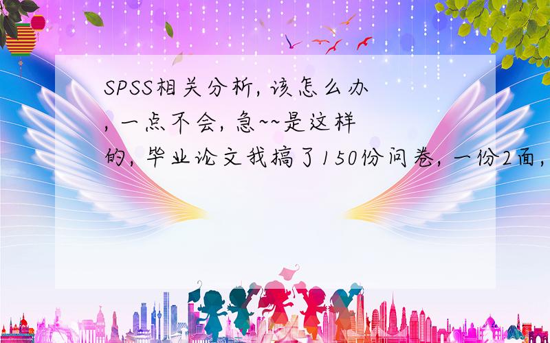 SPSS相关分析, 该怎么办, 一点不会, 急~~是这样的, 毕业论文我搞了150份问卷, 一份2面, 一面为人际关系判定题目28道, 一面为网瘾判定10道.问卷已经全部回收完, 现在需要的就是进行相关性分析