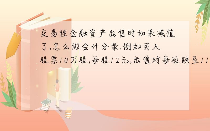 交易性金融资产出售时如果减值了,怎么做会计分录.例如买入股票10万股,每股12元,出售时每股跌至11元,