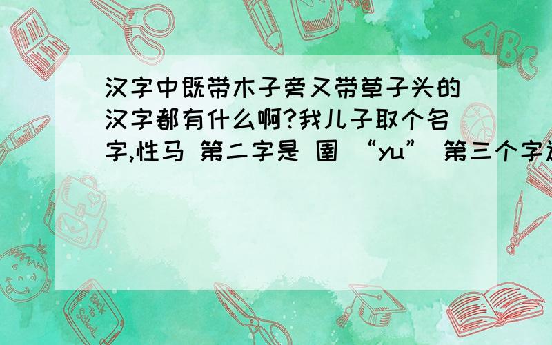 汉字中既带木子旁又带草子头的汉字都有什么啊?我儿子取个名字,性马 第二字是 圉 “yu” 第三个字还没有想好,第三个最好既带木子旁又带草子头的,当然要是有更好的字也可以