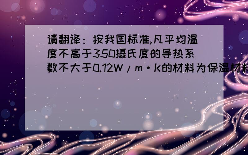 请翻译：按我国标准,凡平均温度不高于350摄氏度的导热系数不大于0.12W/m·K的材料为保温材料.