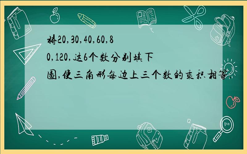 将20,30,40,60,80,120,这6个数分别填下图,使三角形每边上三个数的乘积相等.