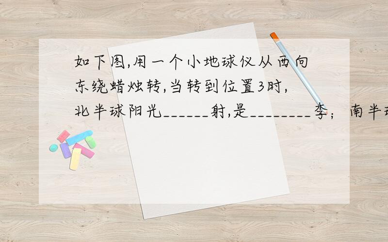 如下图,用一个小地球仪从西向东绕蜡烛转,当转到位置3时,北半球阳光______射,是________季；南半球阳光_________射是_________季