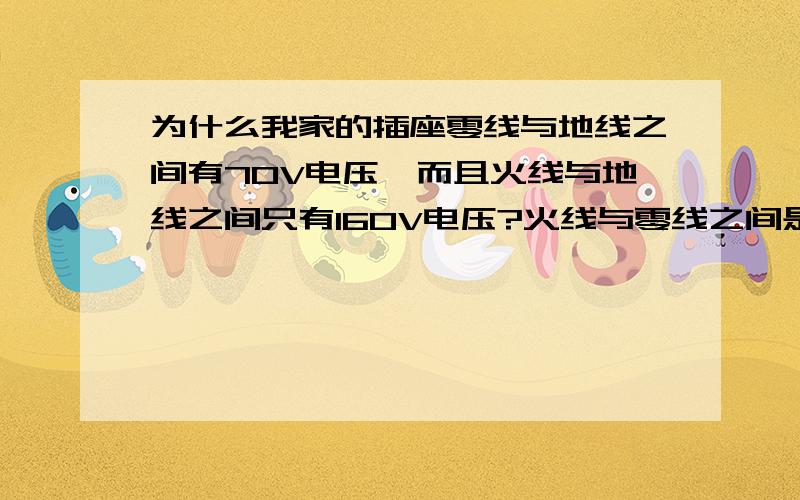 为什么我家的插座零线与地线之间有70V电压,而且火线与地线之间只有160V电压?火线与零线之间是230V