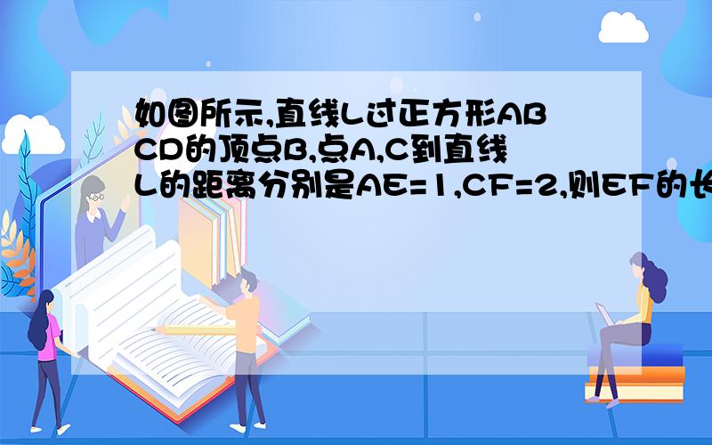 如图所示,直线L过正方形ABCD的顶点B,点A,C到直线L的距离分别是AE=1,CF=2,则EF的长是?