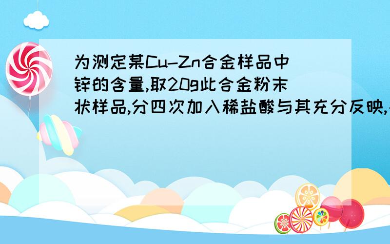 为测定某Cu-Zn合金样品中锌的含量,取20g此合金粉末状样品,分四次加入稀盐酸与其充分反映,每次所用如下表次数 加入HCL体积/ml 剩余固体质量1 40 162 40 123 40 84 40 8（1）20g此样品中Cu质量（2）样