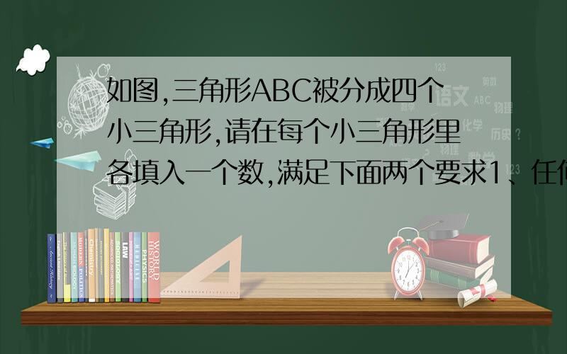 如图,三角形ABC被分成四个小三角形,请在每个小三角形里各填入一个数,满足下面两个要求1、任何两个有公共边的三角形里的数都互为倒数2、四个小三角形里的数字的乘积等于225则中间小三