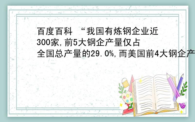 百度百科 “我国有炼钢企业近300家,前5大钢企产量仅占全国总产量的29.0%,而美国前4大钢企产量占美国总产量的54.5 %,日本前4大钢企产量占日本总产量的74.3%.” 可以说是集约化程度低吗?