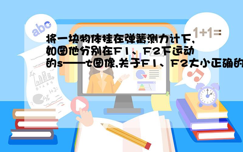 将一块物体挂在弹簧测力计下,如图他分别在F1、F2下运动的s——t图像,关于F1、F2大小正确的是A F1先小于F2后大于F2B F1等于F2