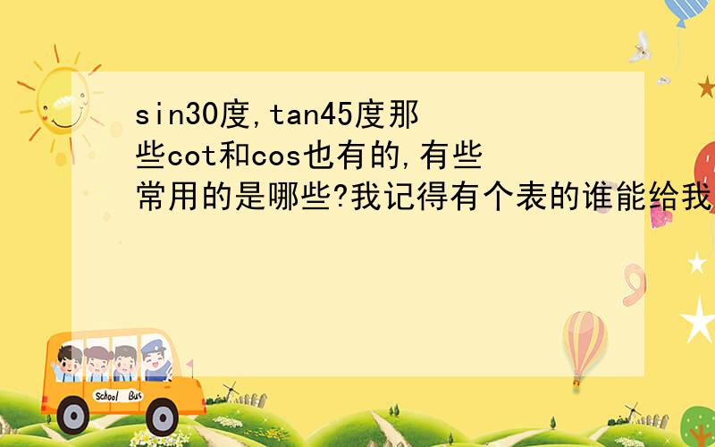 sin30度,tan45度那些cot和cos也有的,有些常用的是哪些?我记得有个表的谁能给我?比如：sin30度等于2分之一那之类呢！