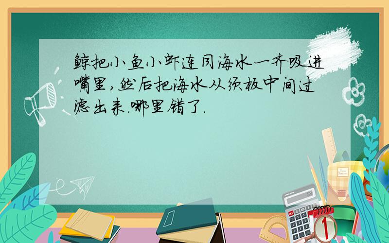 鲸把小鱼小虾连同海水一齐吸进嘴里,然后把海水从须板中间过滤出来.哪里错了.