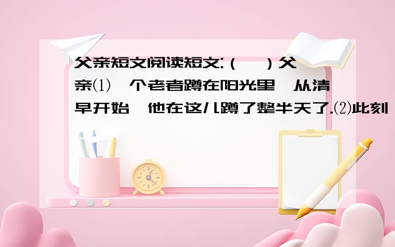 父亲短文阅读短文:（一）父 亲⑴一个老者蹲在阳光里,从清早开始,他在这儿蹲了整半天了.⑵此刻,他正清点他半天的收获,一张张皱巴巴的票子在他的膝盖上展平,然后,小心翼翼地叠好.他是来