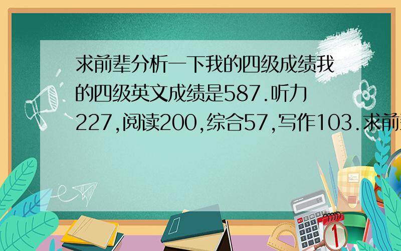 求前辈分析一下我的四级成绩我的四级英文成绩是587.听力227,阅读200,综合57,写作103.求前辈分析一下哪部分比较差,我的六级准备应该注重哪个部分.每部分达到多少算是ok我不是英文专业，现