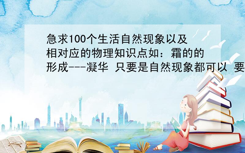 急求100个生活自然现象以及相对应的物理知识点如：霜的的形成---凝华 只要是自然现象都可以 要100个,反正有好多就给我好多,要开学了,