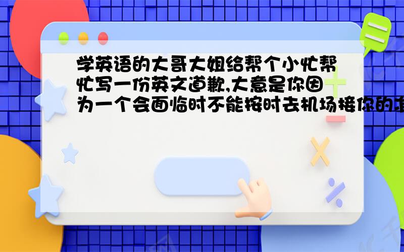 学英语的大哥大姐给帮个小忙帮忙写一份英文道歉,大意是你因为一个会面临时不能按时去机场接你的准备到你所在城市旅游的网友（LUCY),并让他在机场再等侯一会,你将在稍晚些时候去接他,