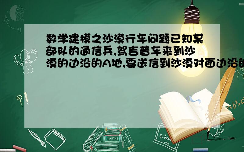 数学建模之沙漠行车问题已知某部队的通信兵,驾吉普车来到沙漠的边沿的A地,要送信到沙漠对面边沿的B地,沙漠宽1000Km,吉普车的油箱最大容量为500L（升）,它行驶1Km需耗油1L,由于沙漠中间没