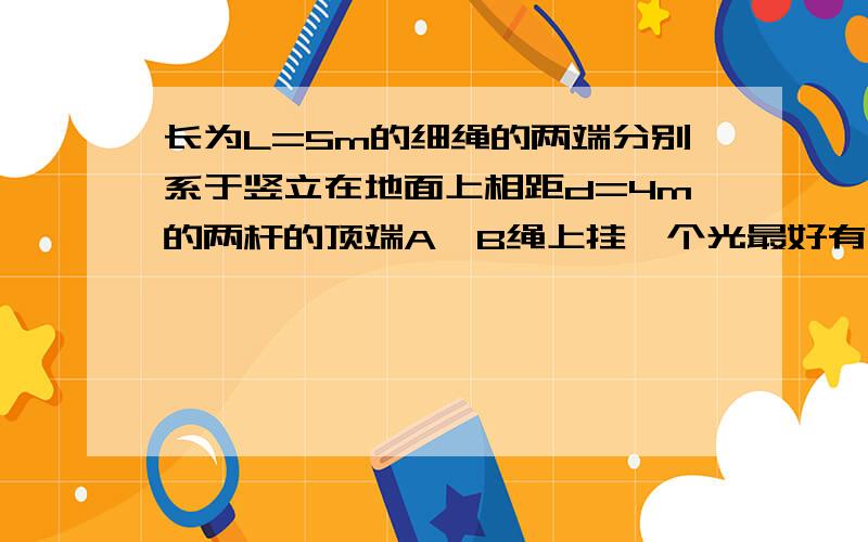 长为L=5m的细绳的两端分别系于竖立在地面上相距d=4m的两杆的顶端A、B绳上挂一个光最好有图