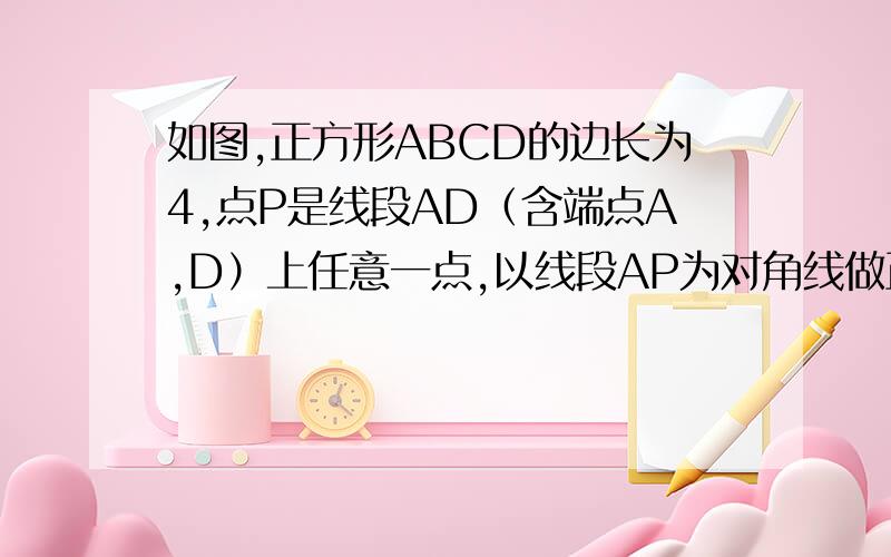 如图,正方形ABCD的边长为4,点P是线段AD（含端点A,D）上任意一点,以线段AP为对角线做正方形AEPF（1）若AP=2,求BE的长.（2）当AP的长为多少时,BE的长最小,最小值是多少?（不用说明理由）