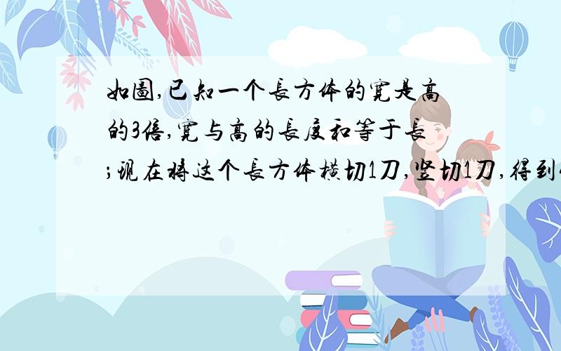 如图,已知一个长方体的宽是高的3倍,宽与高的长度和等于长；现在将这个长方体横切1刀,竖切1刀,得到4个长方体,表面积增加了200平方厘米.求原来长方体的体积（最好可以用小学方法解答).