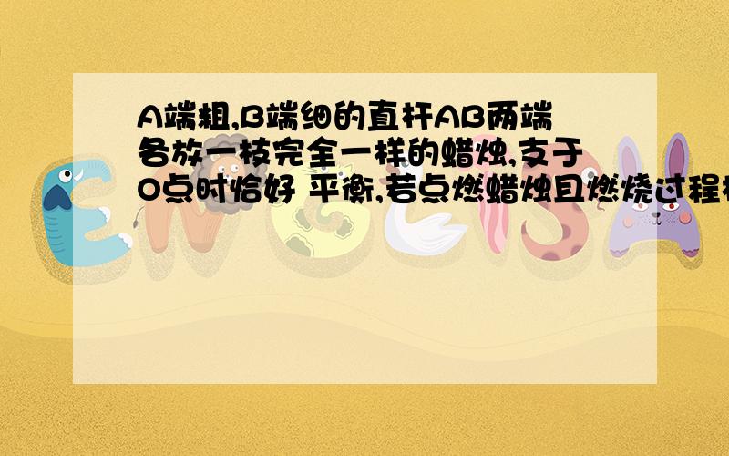 A端粗,B端细的直杆AB两端各放一枝完全一样的蜡烛,支于O点时恰好 平衡,若点燃蜡烛且燃烧过程相同A端粗,B端细的直杆AB两端各放一枝完全一样的蜡烛,支于O点时恰好平衡,若点燃蜡烛且燃烧过