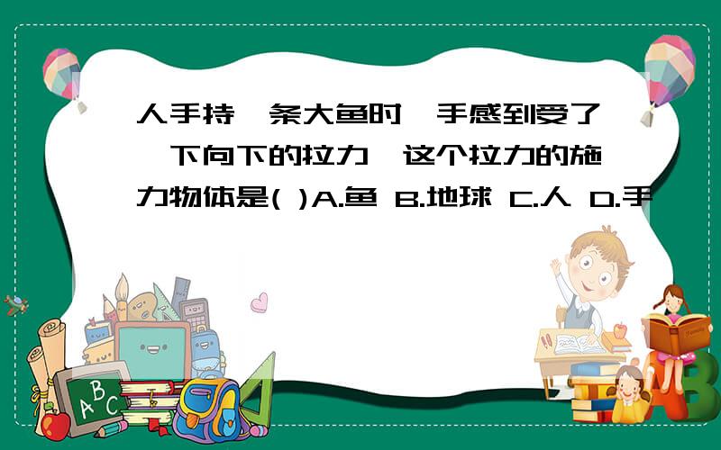 人手持一条大鱼时,手感到受了一下向下的拉力,这个拉力的施力物体是( )A.鱼 B.地球 C.人 D.手