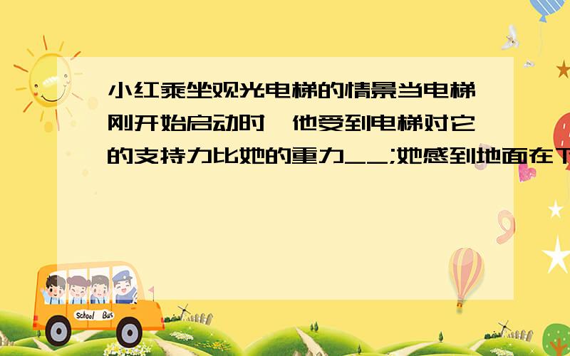 小红乘坐观光电梯的情景当电梯刚开始启动时,他受到电梯对它的支持力比她的重力__;她感到地面在下降是以—为参照物的,当也上升到顶层后有耳鸣的感觉是因为————