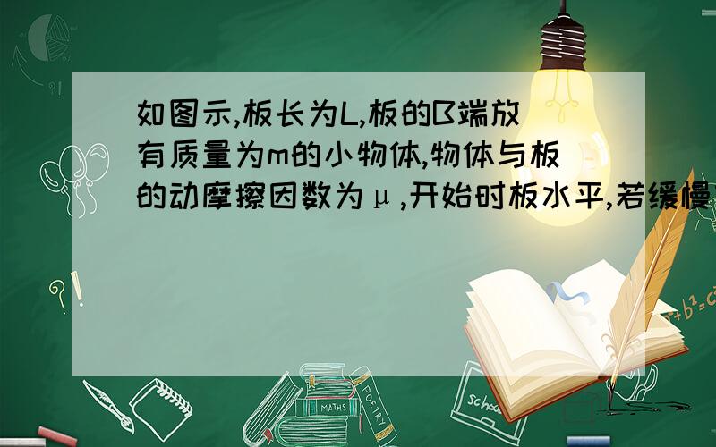 如图示,板长为L,板的B端放有质量为m的小物体,物体与板的动摩擦因数为μ,开始时板水平,若缓慢转过